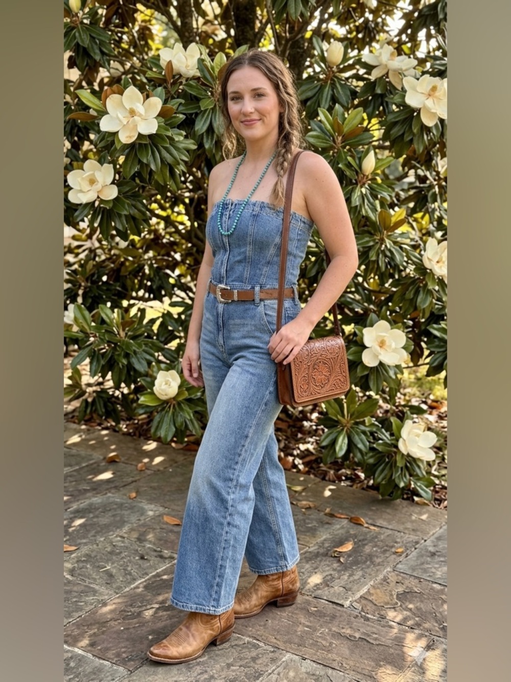 Light Wash Denim Jumpsuit with Metallic Belt